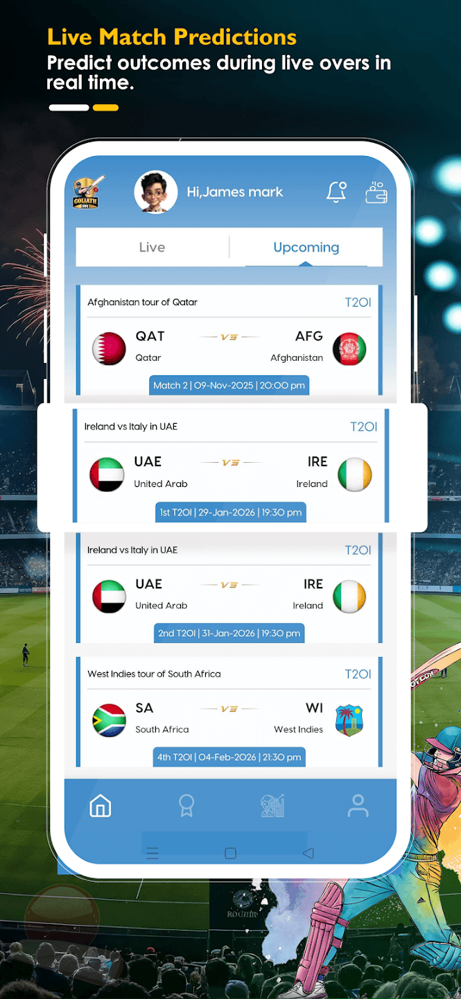 Goliath101 app — live match schedule