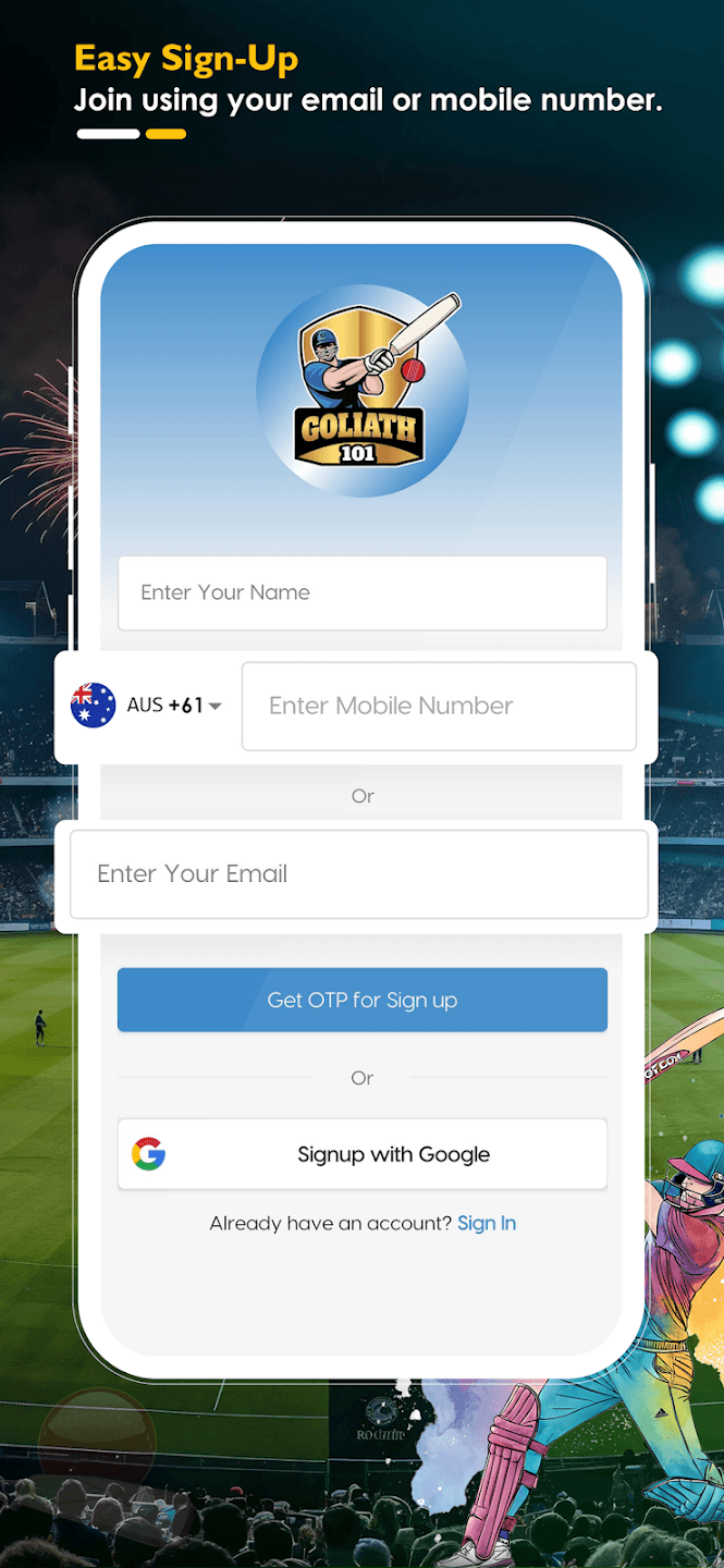 Goliath101 app — easy sign-up screen